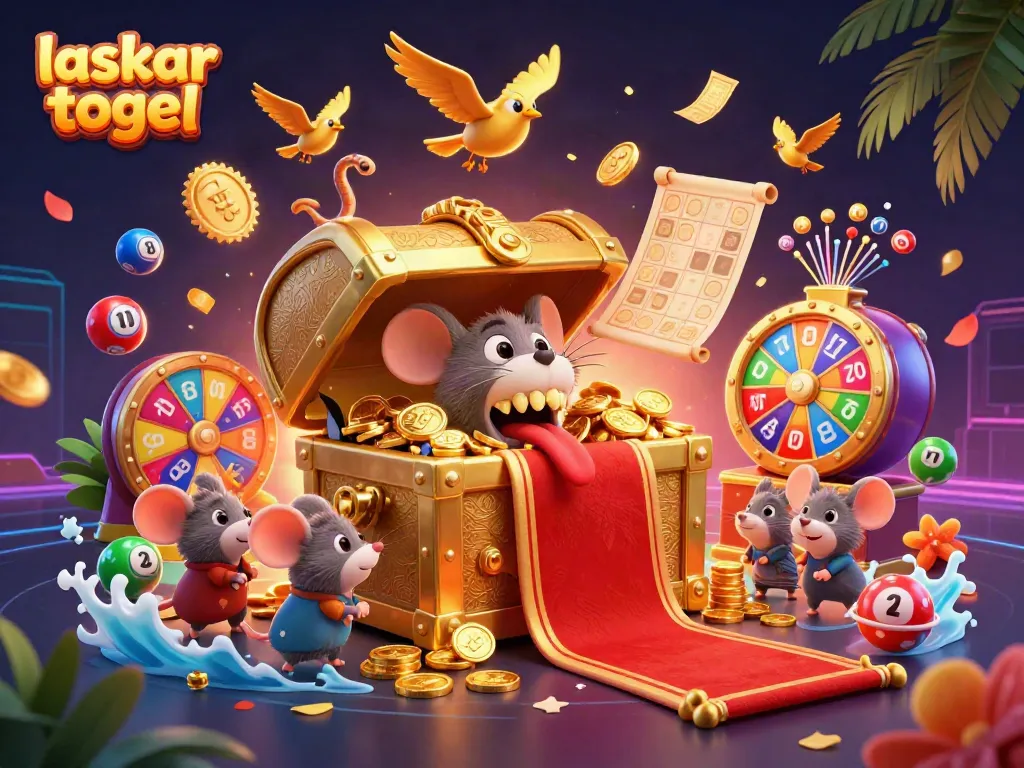 Laskar togel engaging treasure chest scene with dynamic lottery elements, vibrant colors.