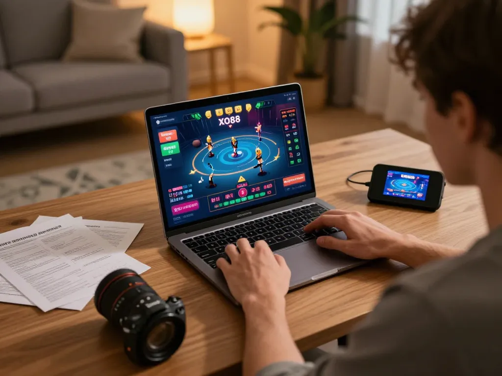 Playing XO88 online casino game on a sleek laptop with ambient lighting