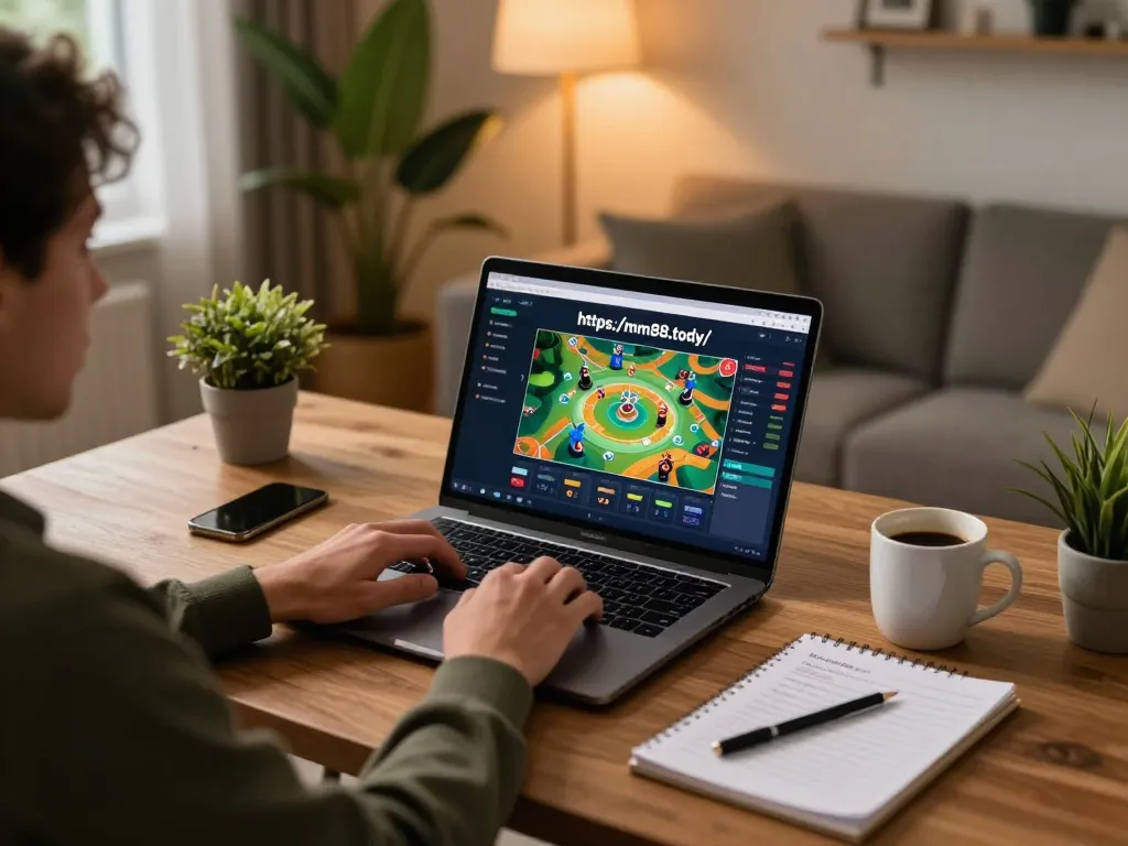 Engaging in strategic gameplay at https://mm88.today/ with a laptop set up in a cozy home office