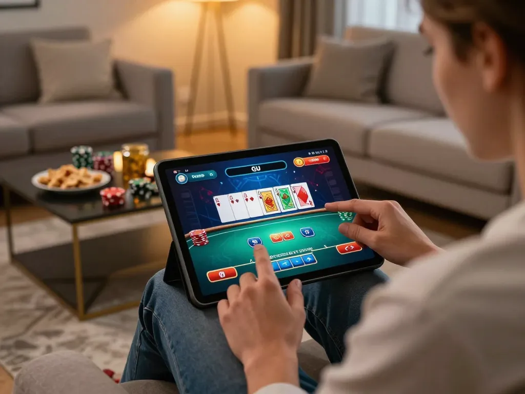 Player engages with XX88 online poker in cozy living room, showcasing strategic gameplay.