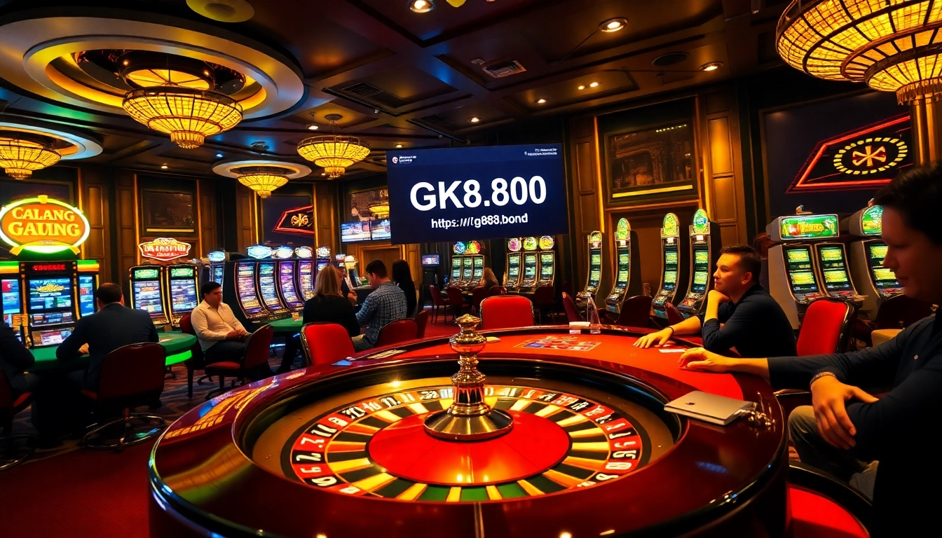 A group of enthusiastic gamblers engaging with casino games at https://gk88.bond/, surrounded by colorful gaming elements.