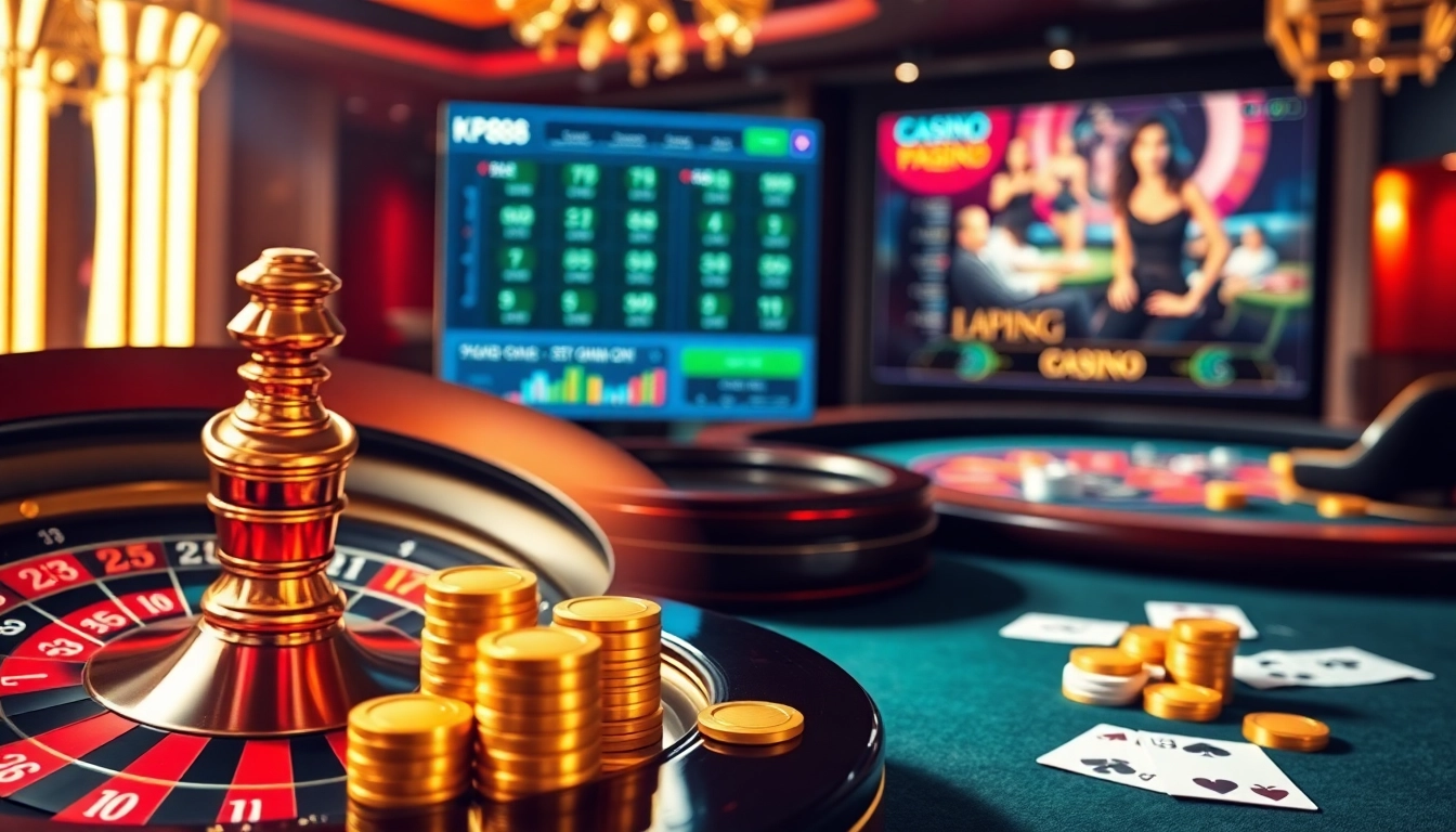 Exciting casino scene at KP88 showcasing roulette, poker, and an online betting interface.
