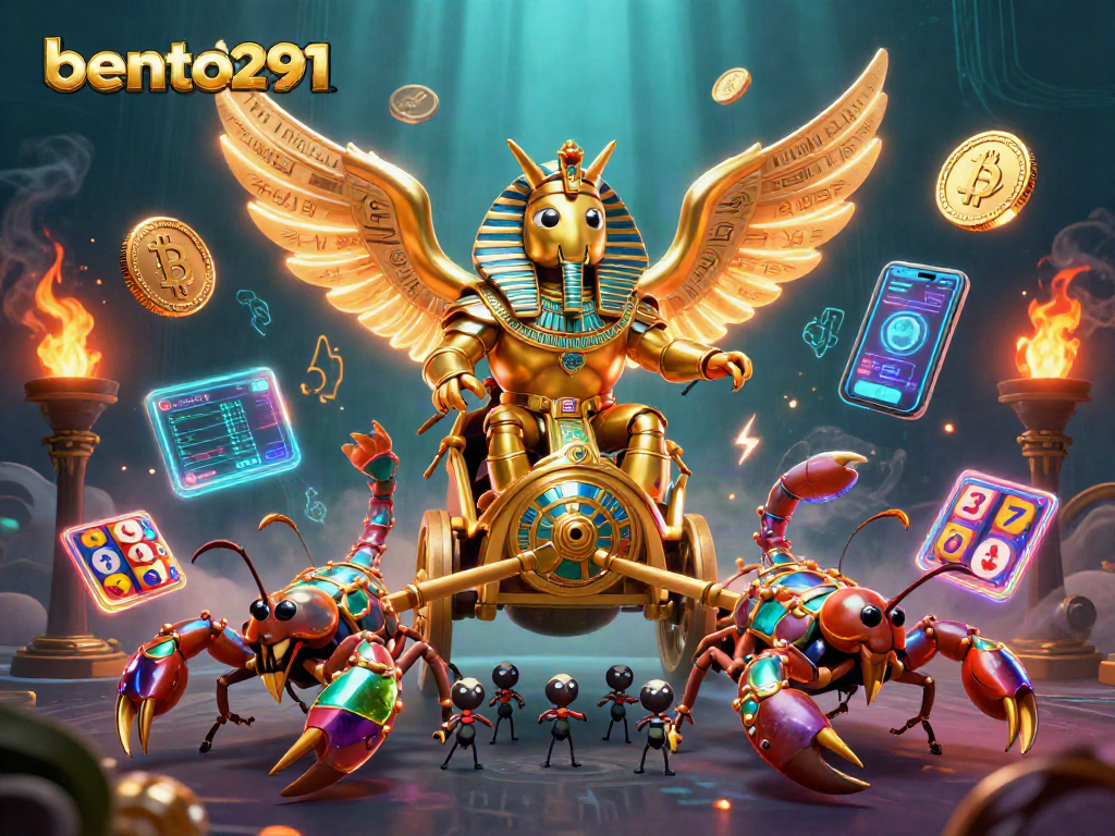 Engage with bento291's dazzling casino scene featuring a golden scarab beetle and crypto elements.