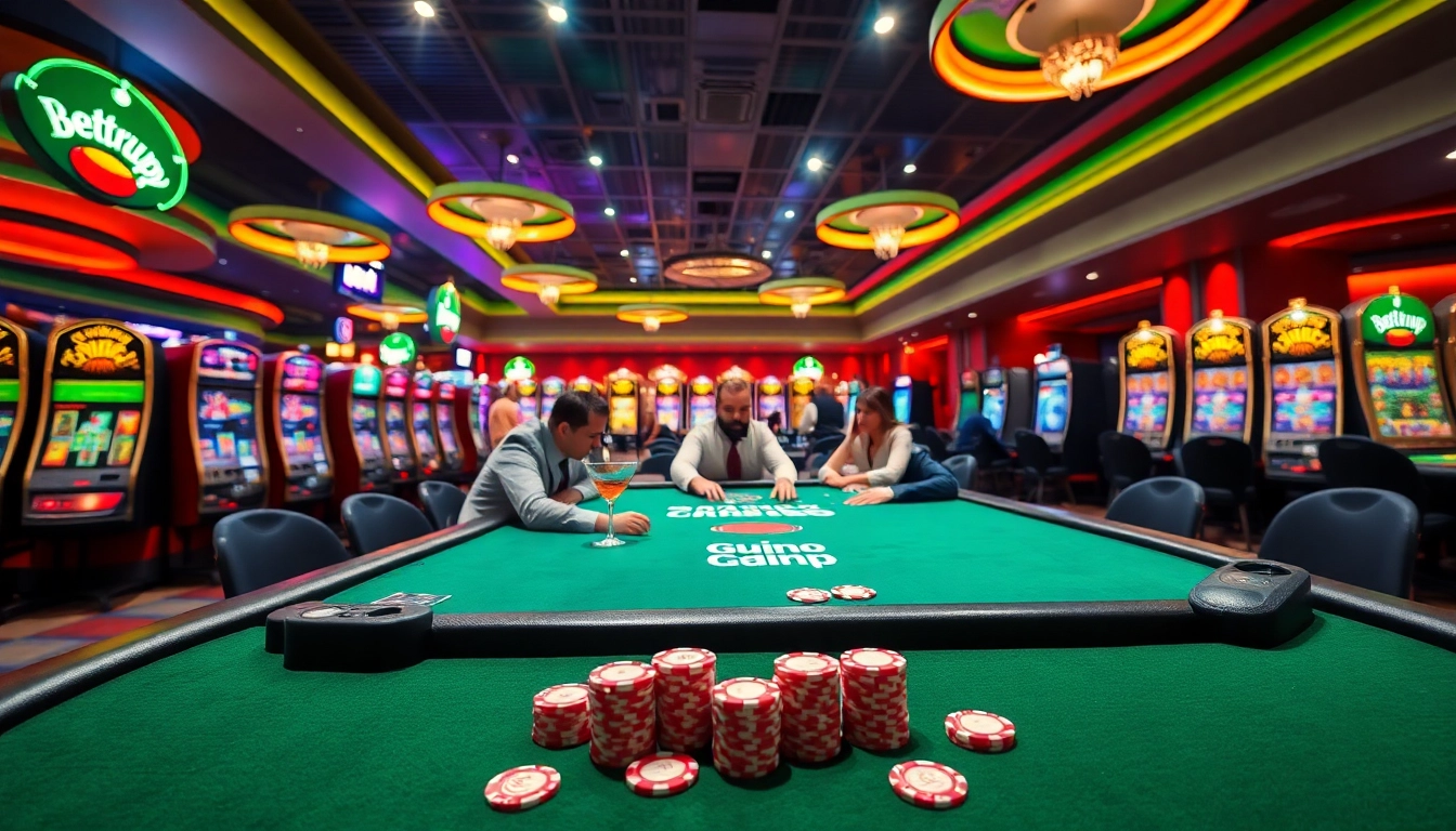 Betrupi markası ile canlı bir casinoda oyun oynayan kişileri gösteren bir görüntü.