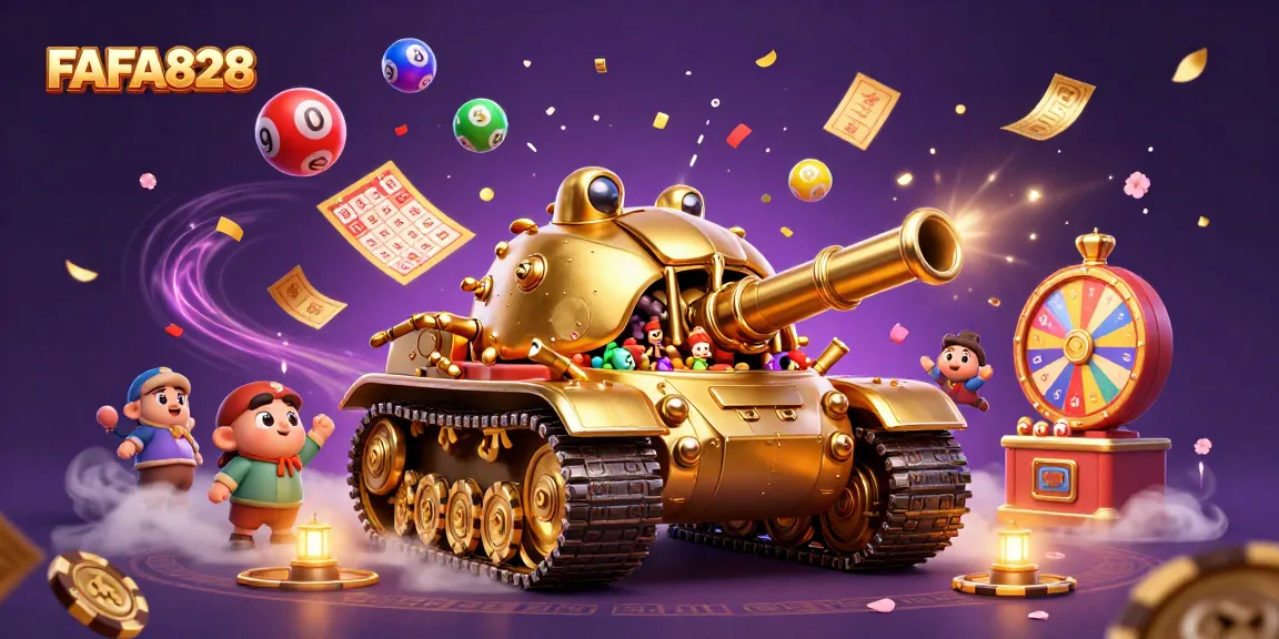 FAFA828 unleashes fun with a vibrant casino scene filled with lottery balls and confetti.