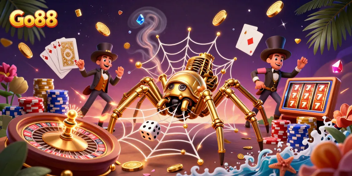 Go88 features a steampunk spider web of gold, capturing dice amidst a vivid casino atmosphere.