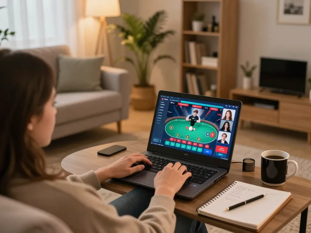 Player engaging with llwin online casino on laptop, cozy home setup with strategy notes and warm lighting