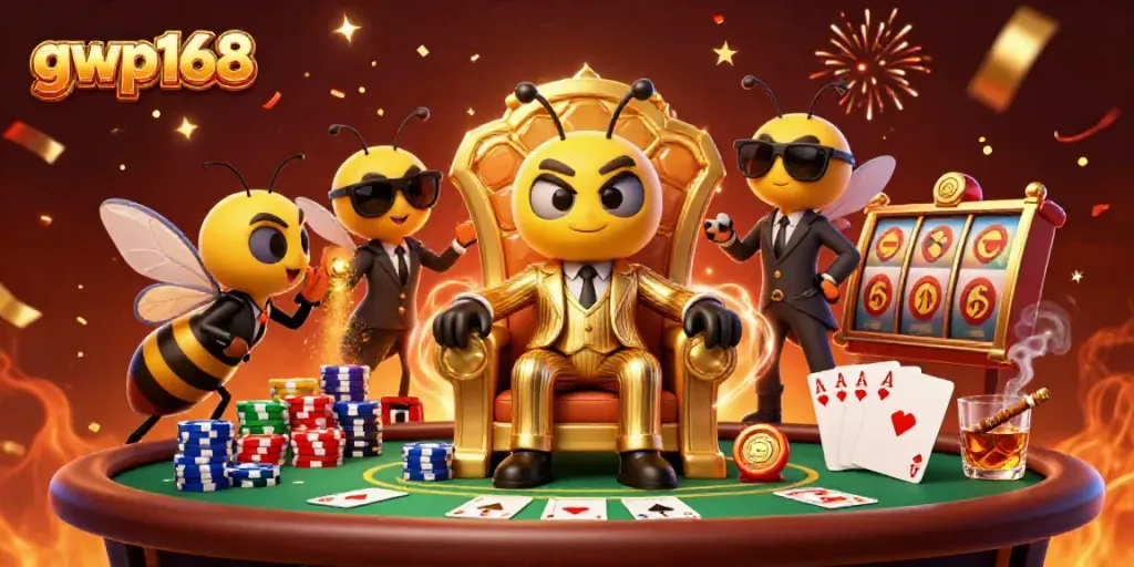 GWP168 menghadirkan suasana meriah kasino dengan bos lebah dan petugas, menampilkan elemen slot dan poker
