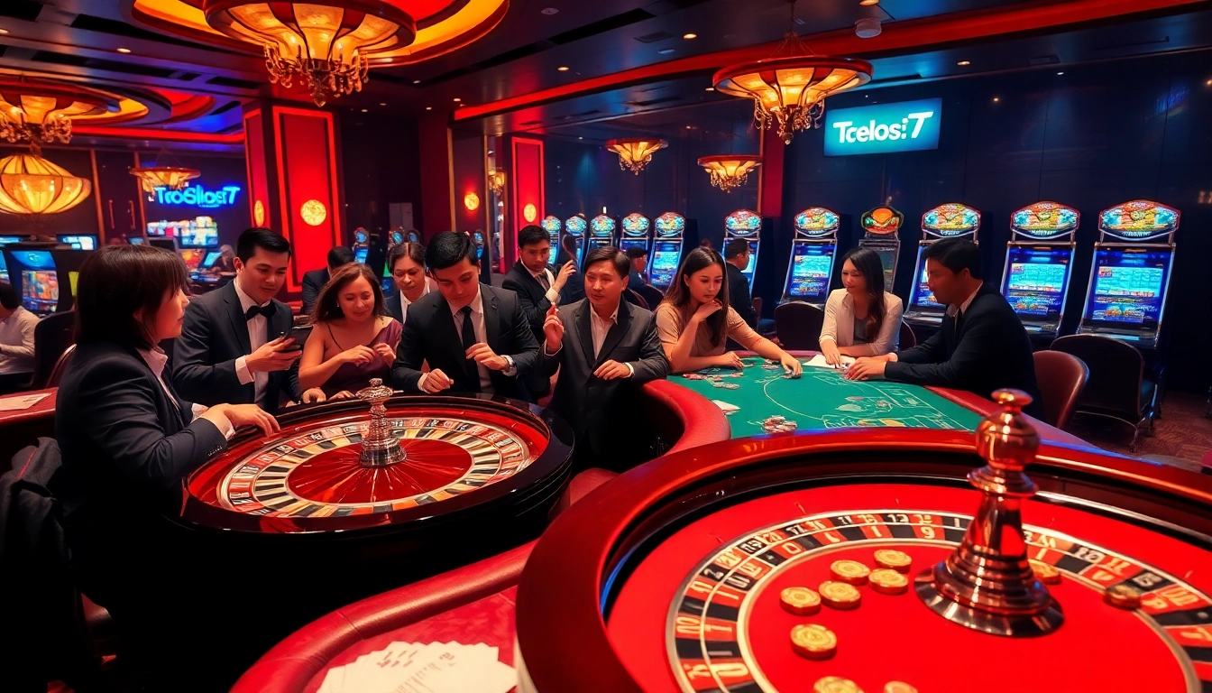 Experience the thrill at Trang chủ x88 casino, with players engaging around roulette tables and lively slot machines.
