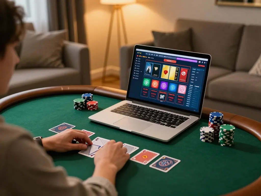 Player strategizing for xo88 poker game with chips and cards in cozy setting