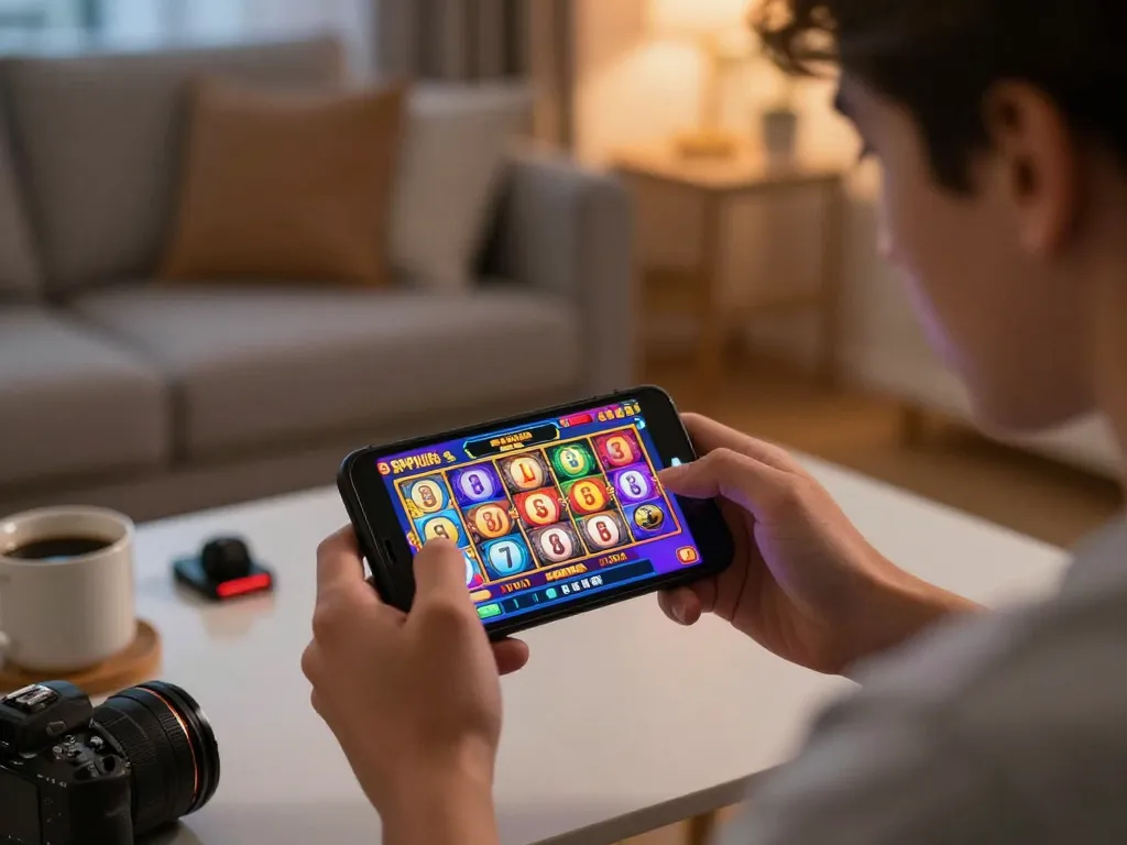 Player engaged in a Slot Pulsa game on mobile, showcasing excitement and strategy in a cozy home setting.