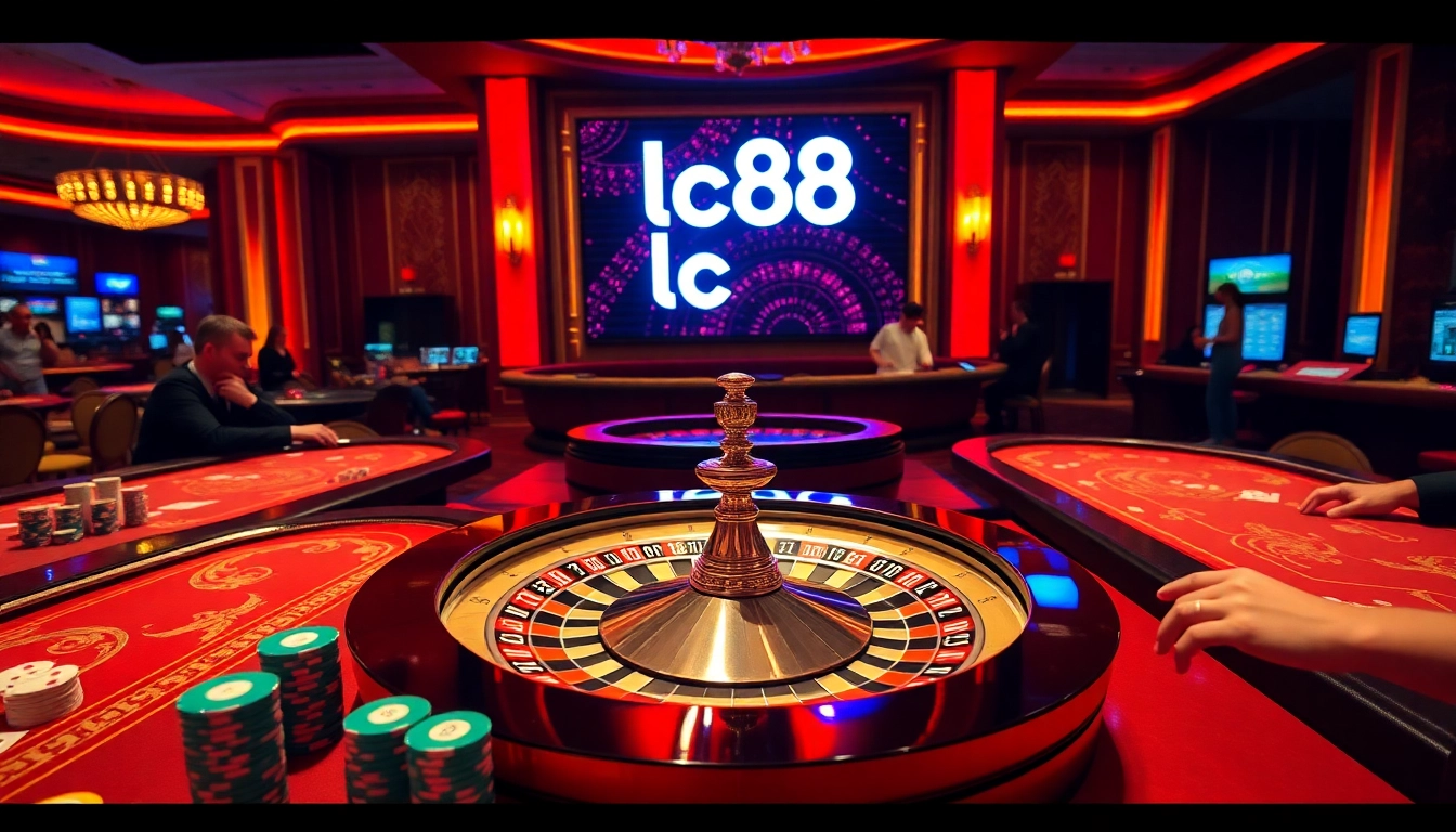 Engaging scene of players at a luxurious casino with lc88 branding, showcasing excitement in gambling.