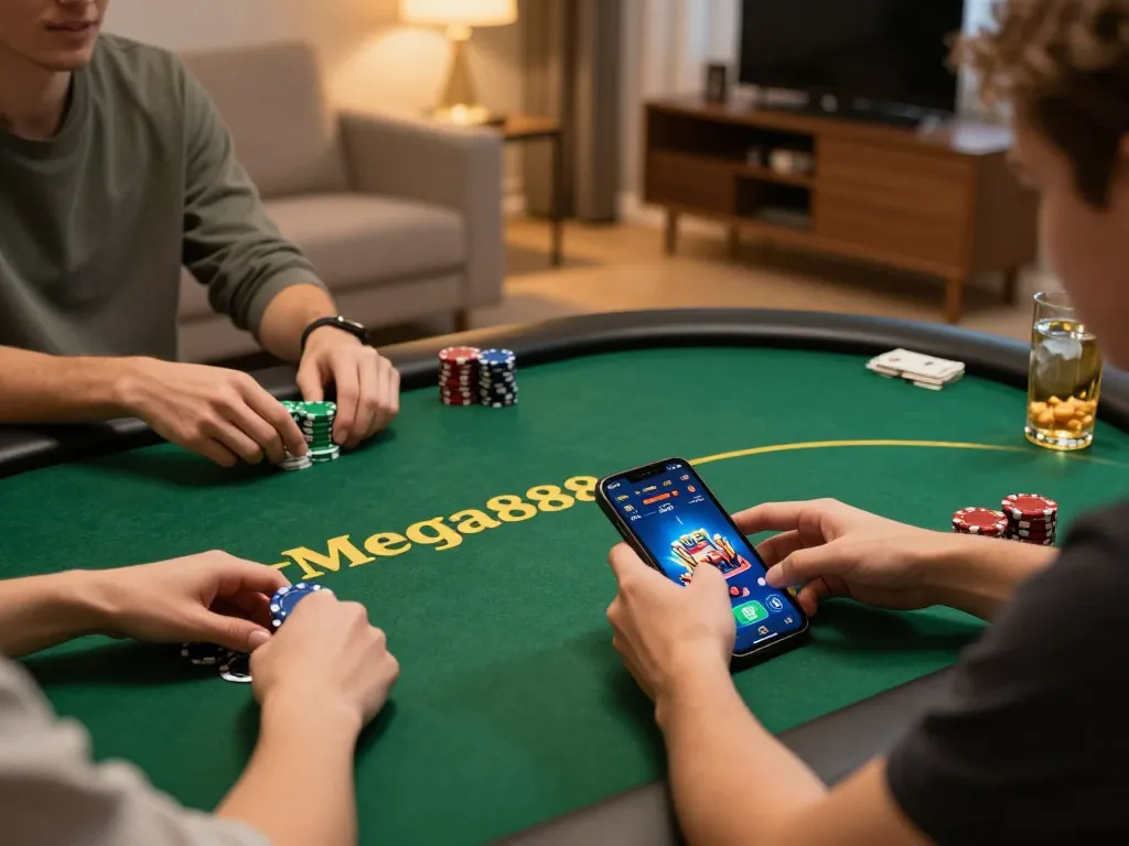 Mega888 gameplay on mobile device amidst snacks and drinks, highlighting engaging online casino action.