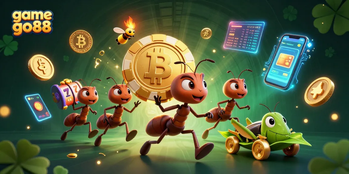 Engage with game go88 adventure as 3D ants carry a giant poker chip amidst vibrant casino elements.