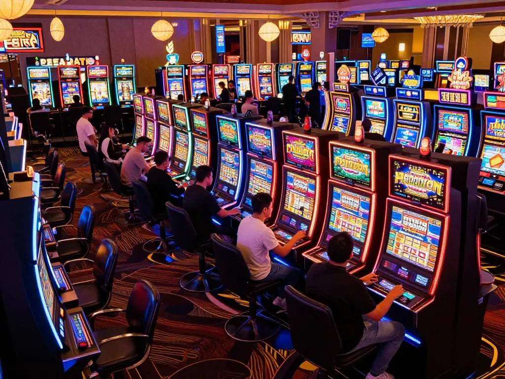 Players enjoying vibrant situs slot machines in a Las Vegas casino