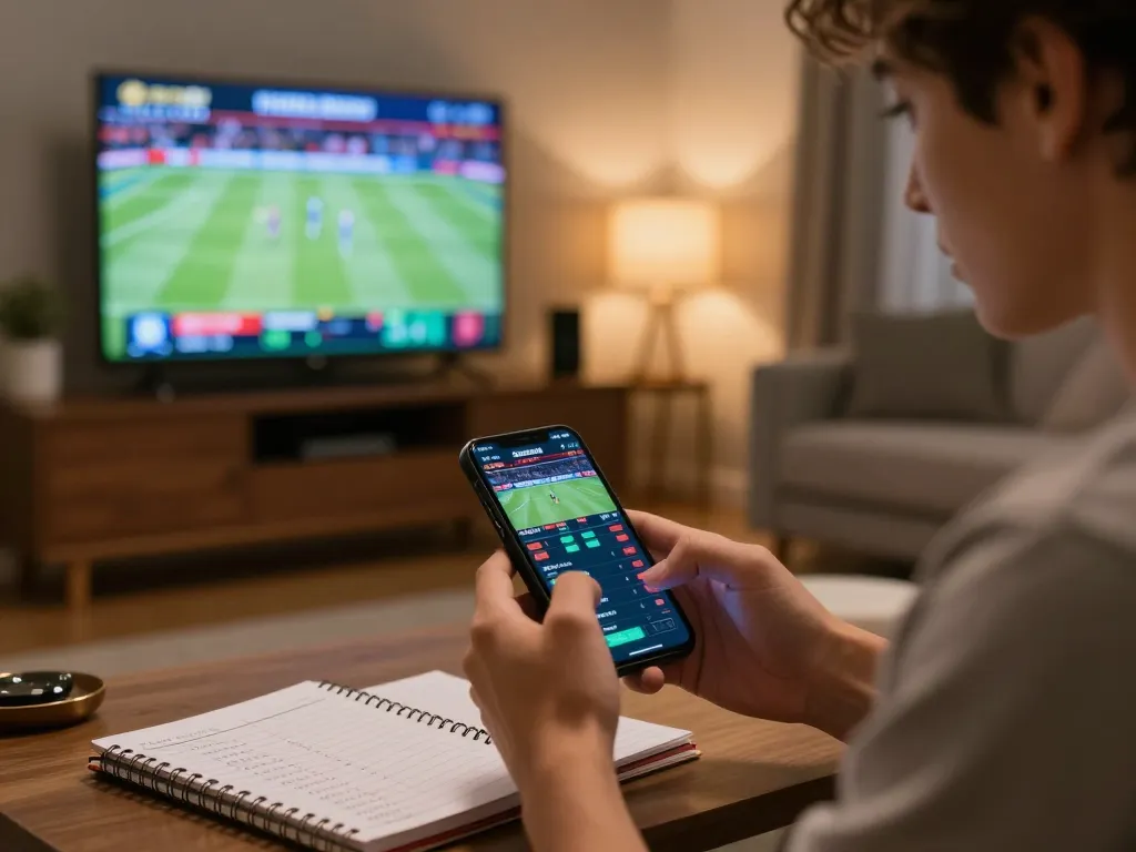 Experience the thrill of debet betting with a smartphone in a cozy home setting.