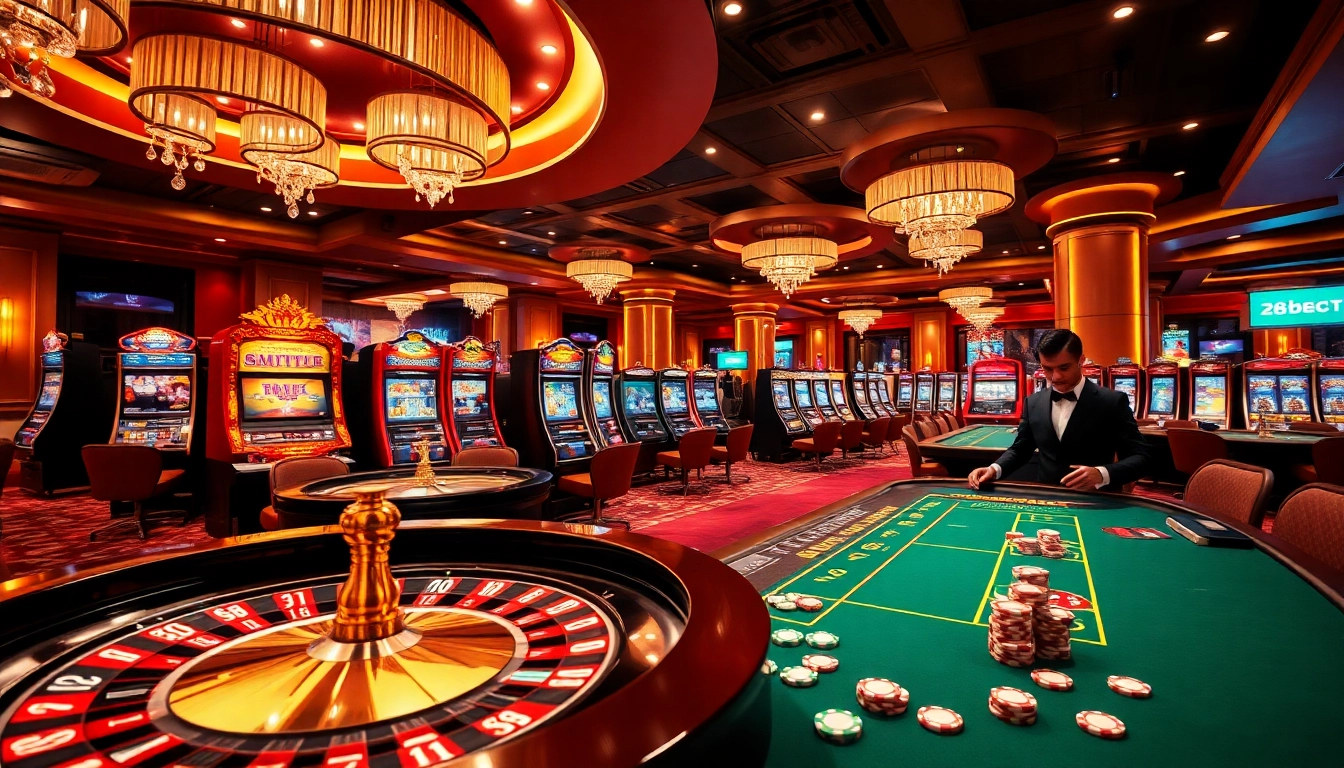 Exciting gambling action at 28bet featuring slot machines and a roulette table.