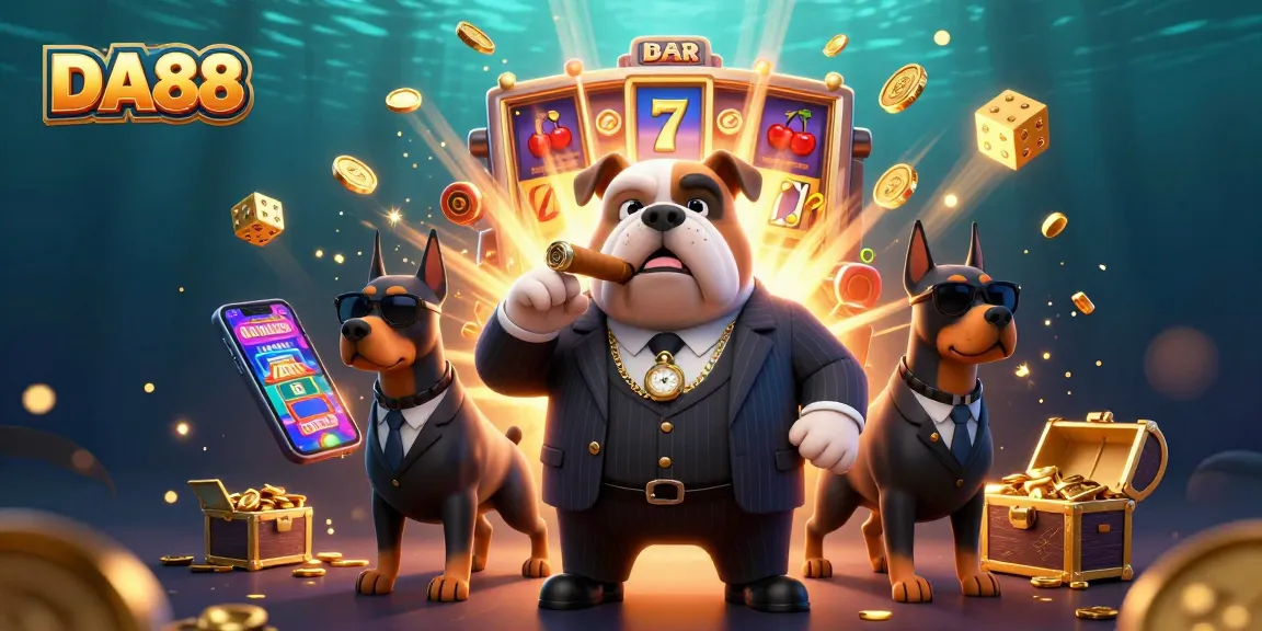 DA88 casino scene featuring a mafia bulldog and Doberman bodyguards amid a jackpot explosion