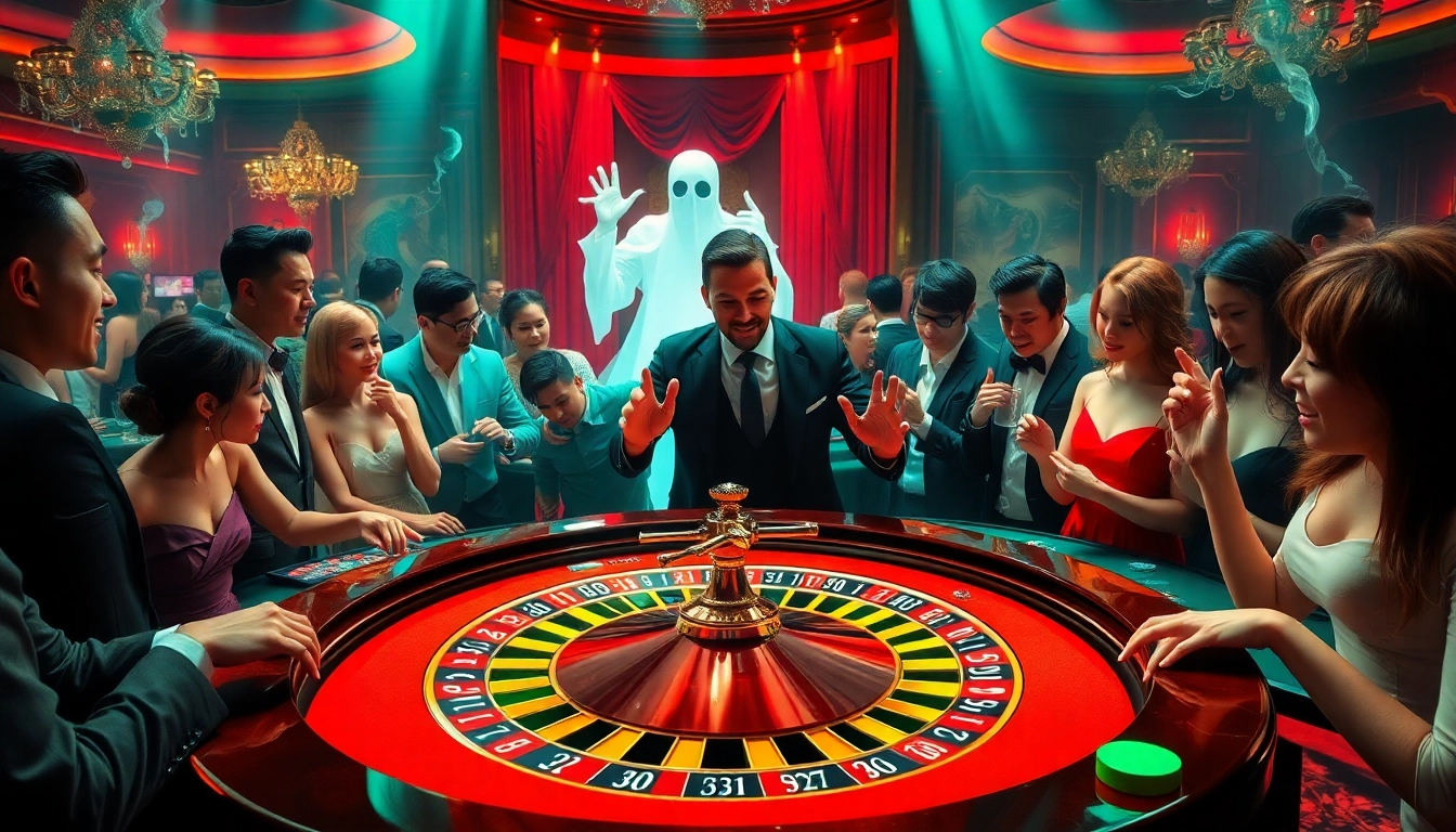 Experience the excitement of Truyện ma-themed casino gaming with engaging players at a roulette table.