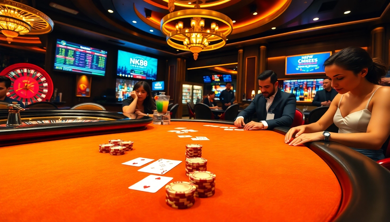 Engaged gamblers enjoying high-stakes games at NK88 BET casino tables with vibrant atmosphere.