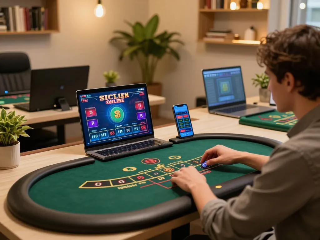 Sicbo Online gaming session on a stylish desk with laptop and smartphone apps active, showcasing gambling strategy.