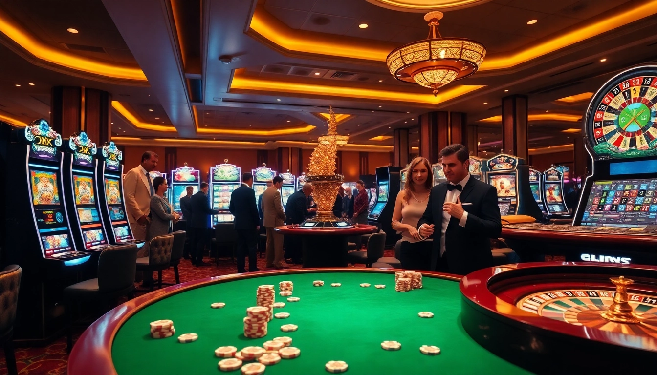 Exciting Slot Online gameplay scene with vibrant slot machines and eager players.