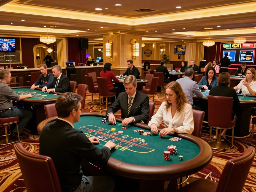 HD88 players strategizing at a high-end casino table amid vibrant atmosphere
