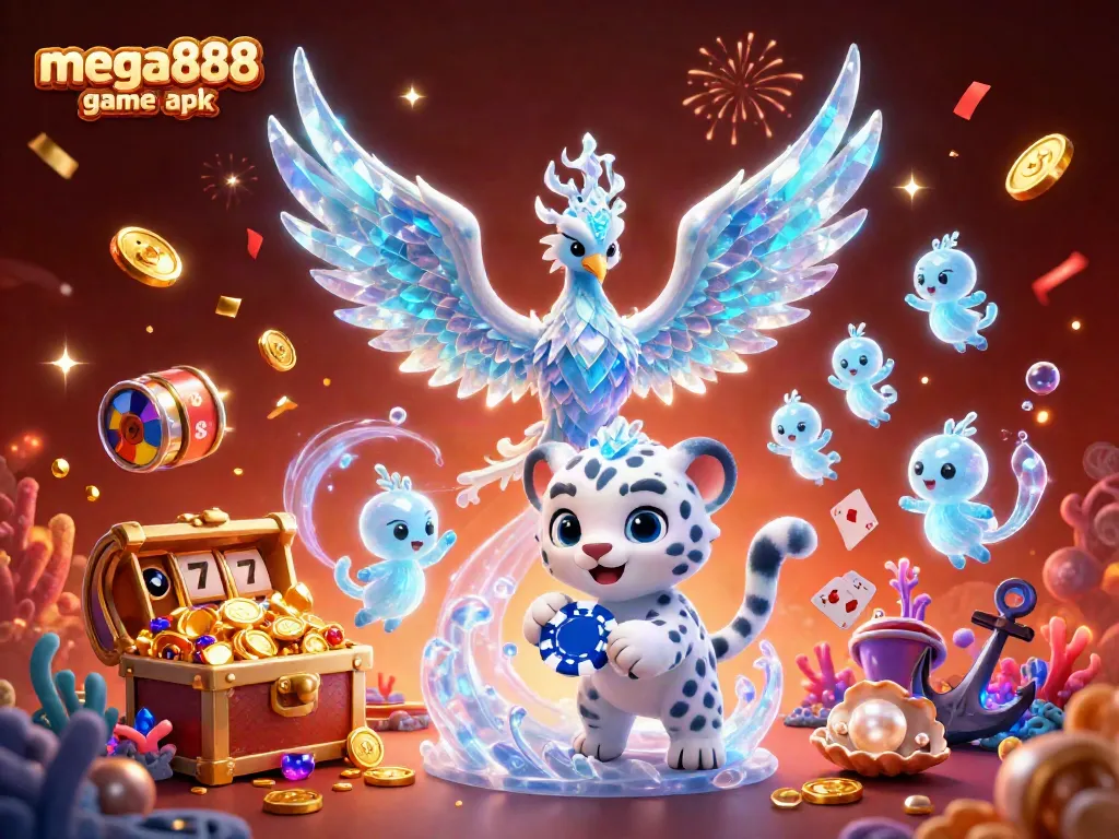 Experience the excitement of mega888 game apk with a vibrant casino illustration featuring animated characters and rich treasures.