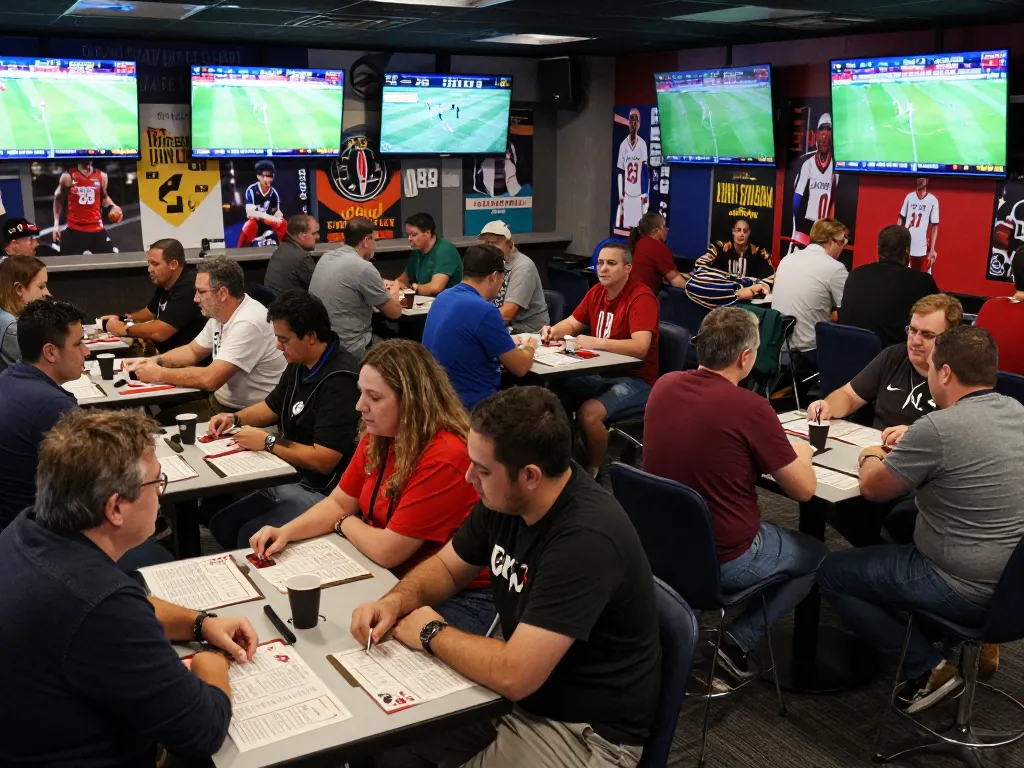 Tỷ lệ kèo nhà cái hôm nay displayed on screens in a vibrant sports betting lounge.