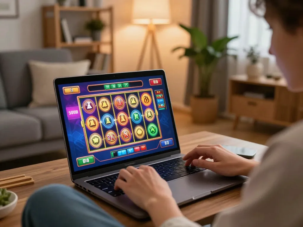 Engaged player enjoying an online crypto casino game from a stylish living room, highlighting digital excitement