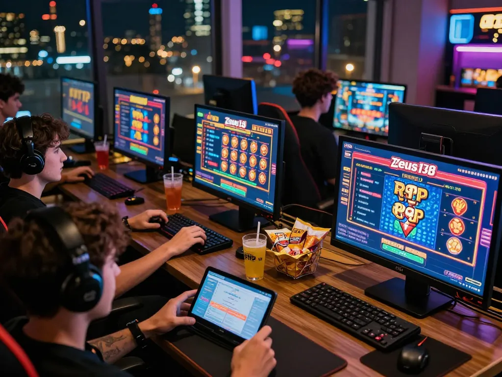 Players enjoying Zeus138 online slots with high RTP and vibrant game visuals, creating a thrilling gaming atmosphere.