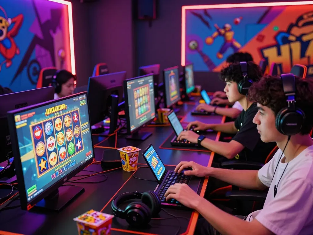 Exciting online gaming scene with players enjoying Hitclub nổ hũ, vibrant gaming room atmosphere.
