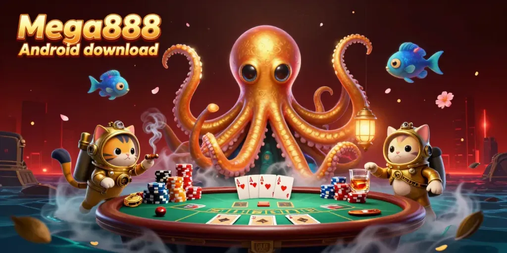 Engage in thrilling Mega888 Android download with a vibrant 3D scene showcasing casino game elements and characters.