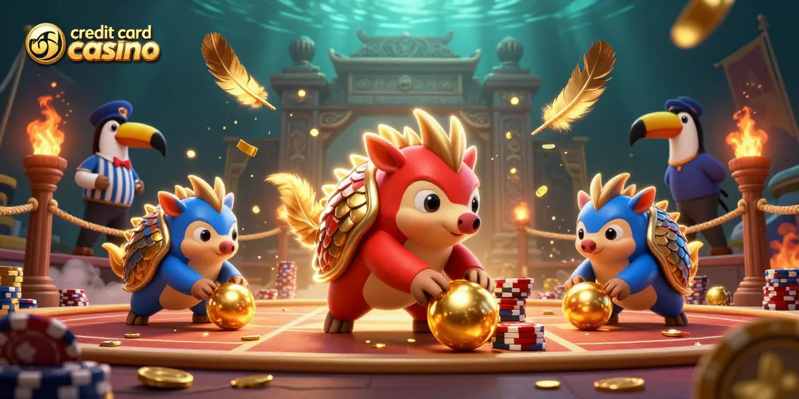 Engage in exciting gameplay at a credit card casino featuring vibrant pangolins bowling through poker chips.