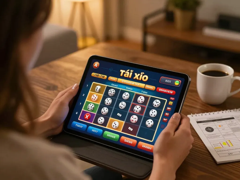 Engaging in the game tài xỉu on a tablet, showcasing vibrant betting options in a cozy gaming setup.