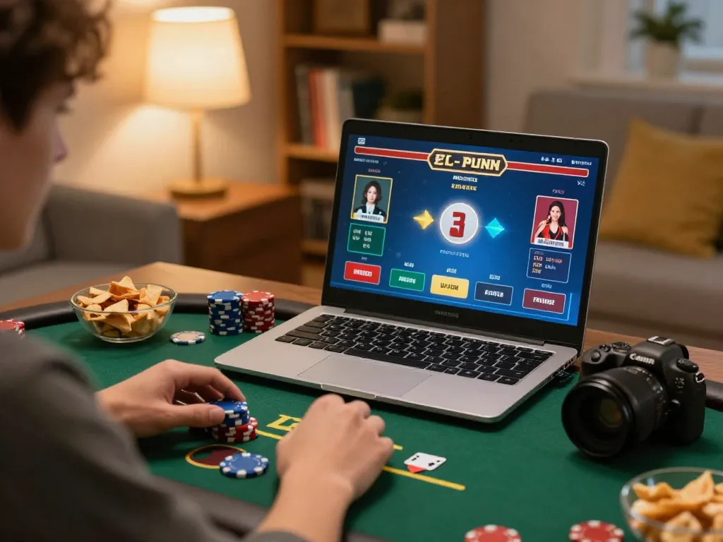 Engaged player strategizing in nk88 online poker game from home, laptop display and cozy setting evident.