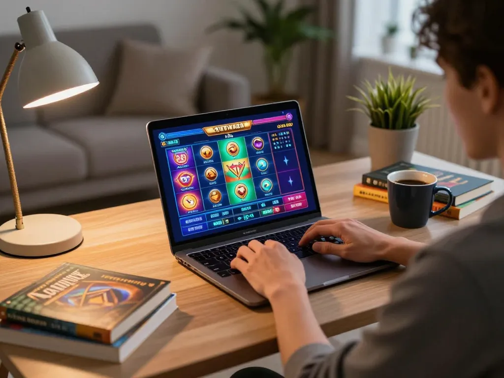 Engaging in a demo slot game while enjoying a cozy home environment.