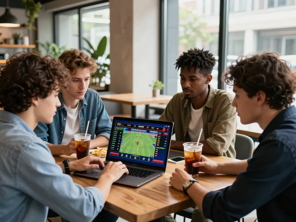 Engaging betting scene at https://3win.baby/ with friends strategizing over live sports odds in an urban café setting.