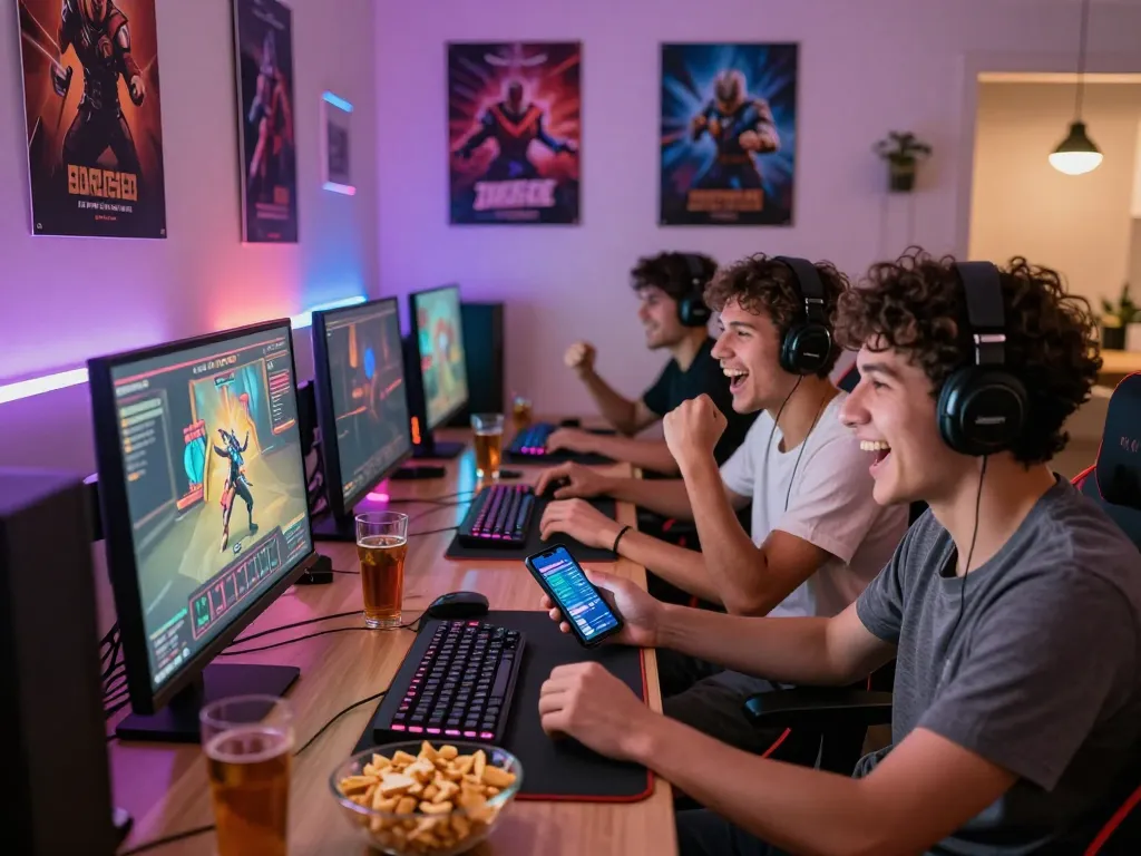Exciting Barcaslot gaming night with friends celebrating victories in a colorful room.