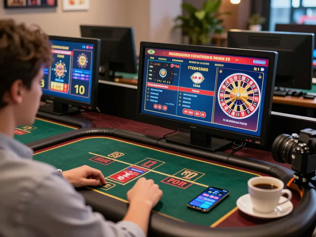 Engaging online gameplay at go99com showcasing multiple casino games on screens, promoting strategic gambling.