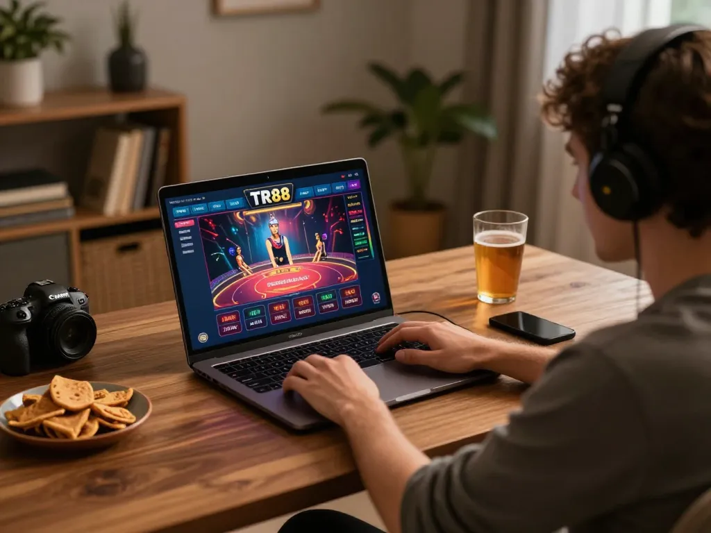 Player engaging with TR88 online casino on a sleek laptop, showcasing a thrilling gaming moment and strategic involvement.