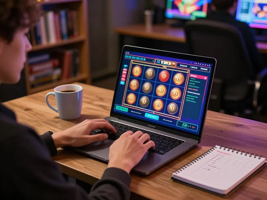 Engaging in slot bonus gameplay on a laptop with vibrant graphics and strategic notes.