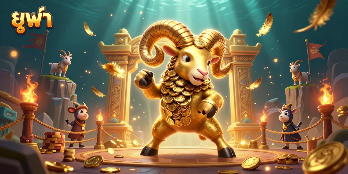 Engage in thrilling gameplay with ยูฟ่า, featuring a dynamic scene of a golden ram charging at a golden gate amidst swirling gold coins.