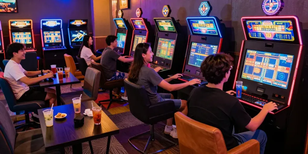 Group of friends enjoying slot88 games in a vibrant gaming lounge with neon lights.