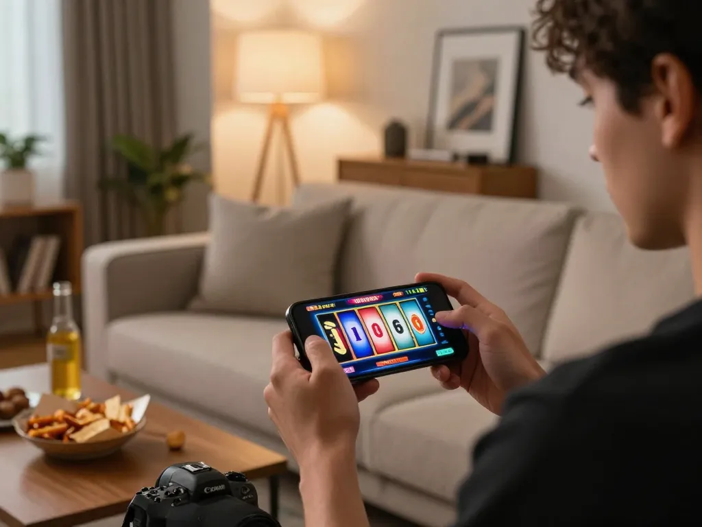 Engaging online slots gameplay at Fokus777 with vibrant screen and cozy atmosphere.