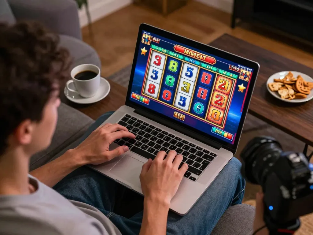 Player engaging with slot games on laptop while enjoying a casual home atmosphere, showcasing jus77