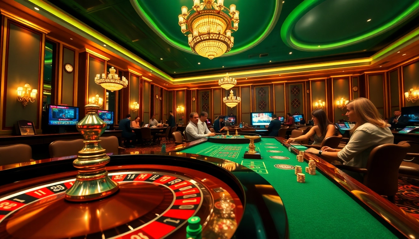 Players enjoying thrilling games at https://tg888.co.com/ casino, surrounded by poker chips and roulette wheels.