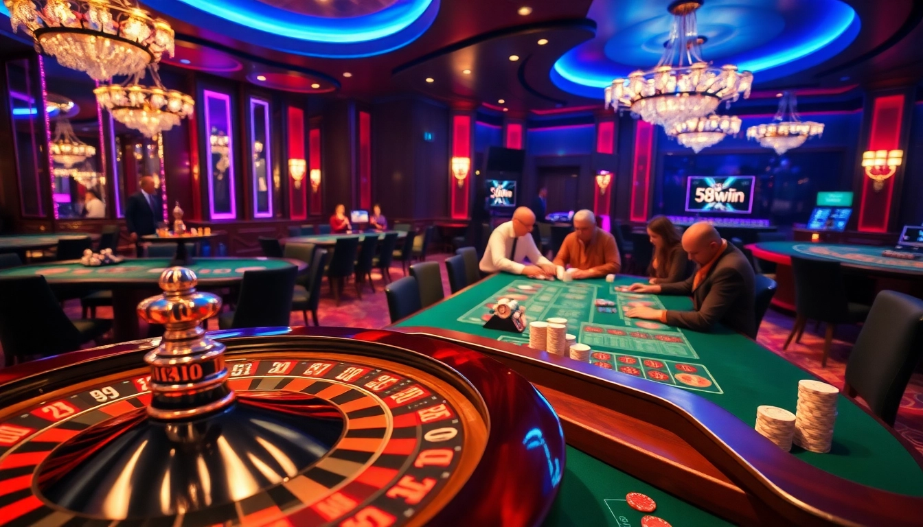 Exciting casino atmosphere featuring roulette, poker tables, and vibrant 58win branding.