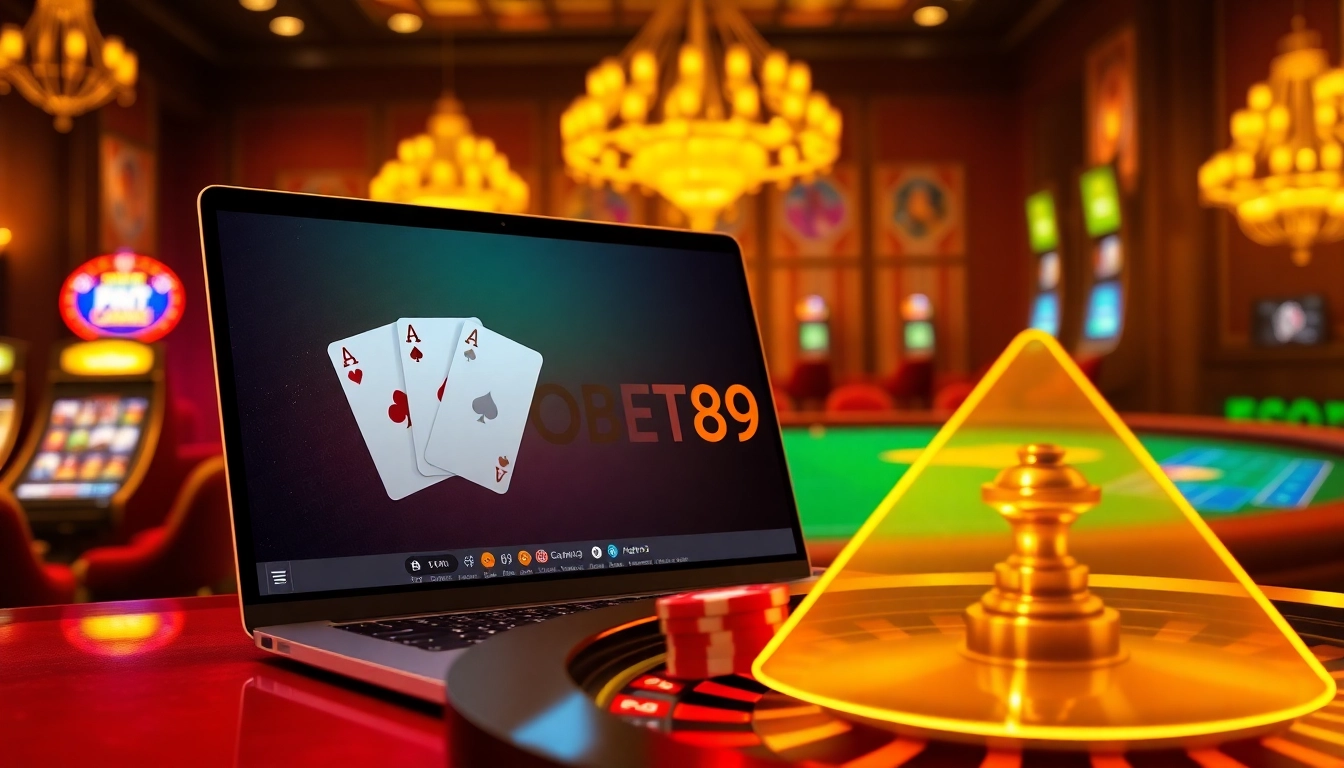 Engage with SBOBET89 at a luxurious online casino showcasing vibrant poker games and betting excitement.