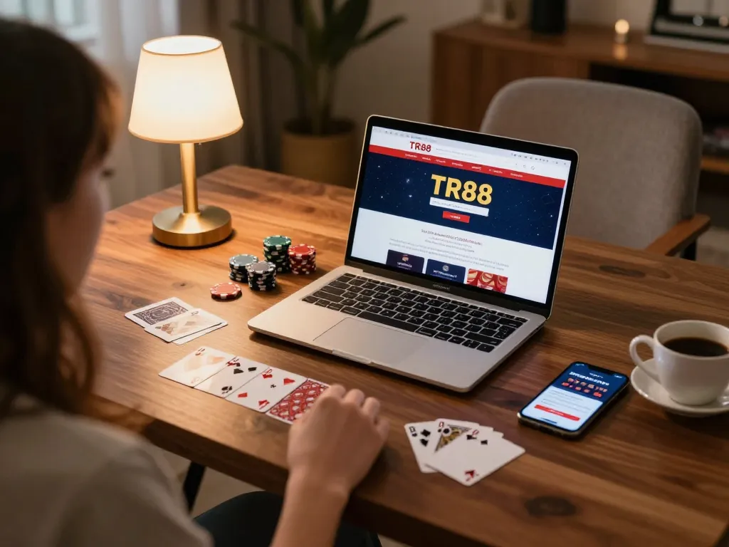 Engaging with TR88 online casino from a stylish home setup with poker chips and laptop interface.